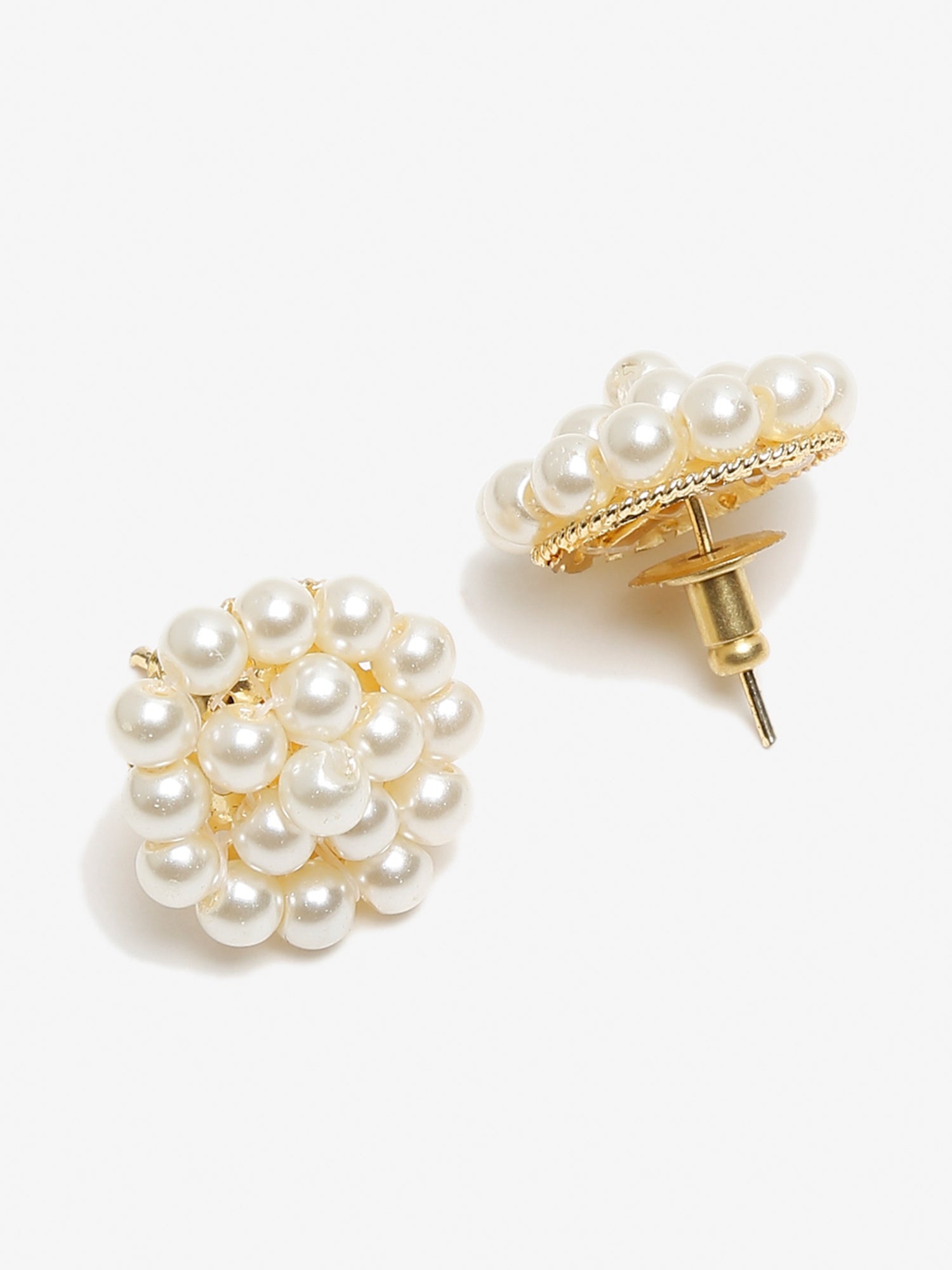 White Gold-Toned Pearl Circular Stud Earrings - Ruby Raang | Swadesiicart