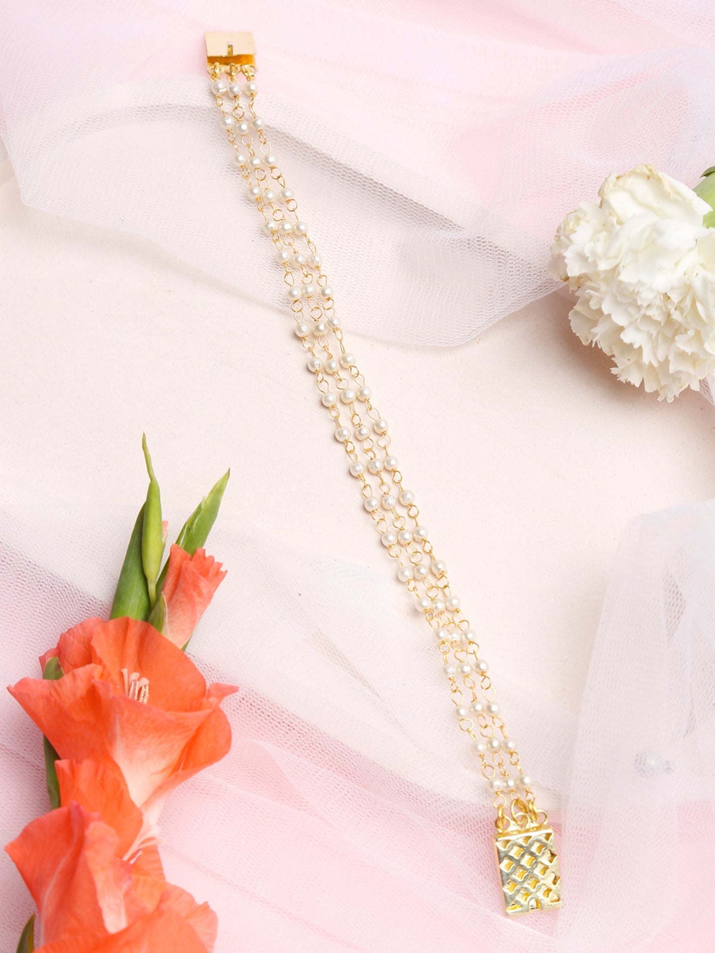Women's Gold-Toned White Pearls Handcrafted Gold-Polished Multistrand Bracelet - Ruby Raang - Swadesiicart