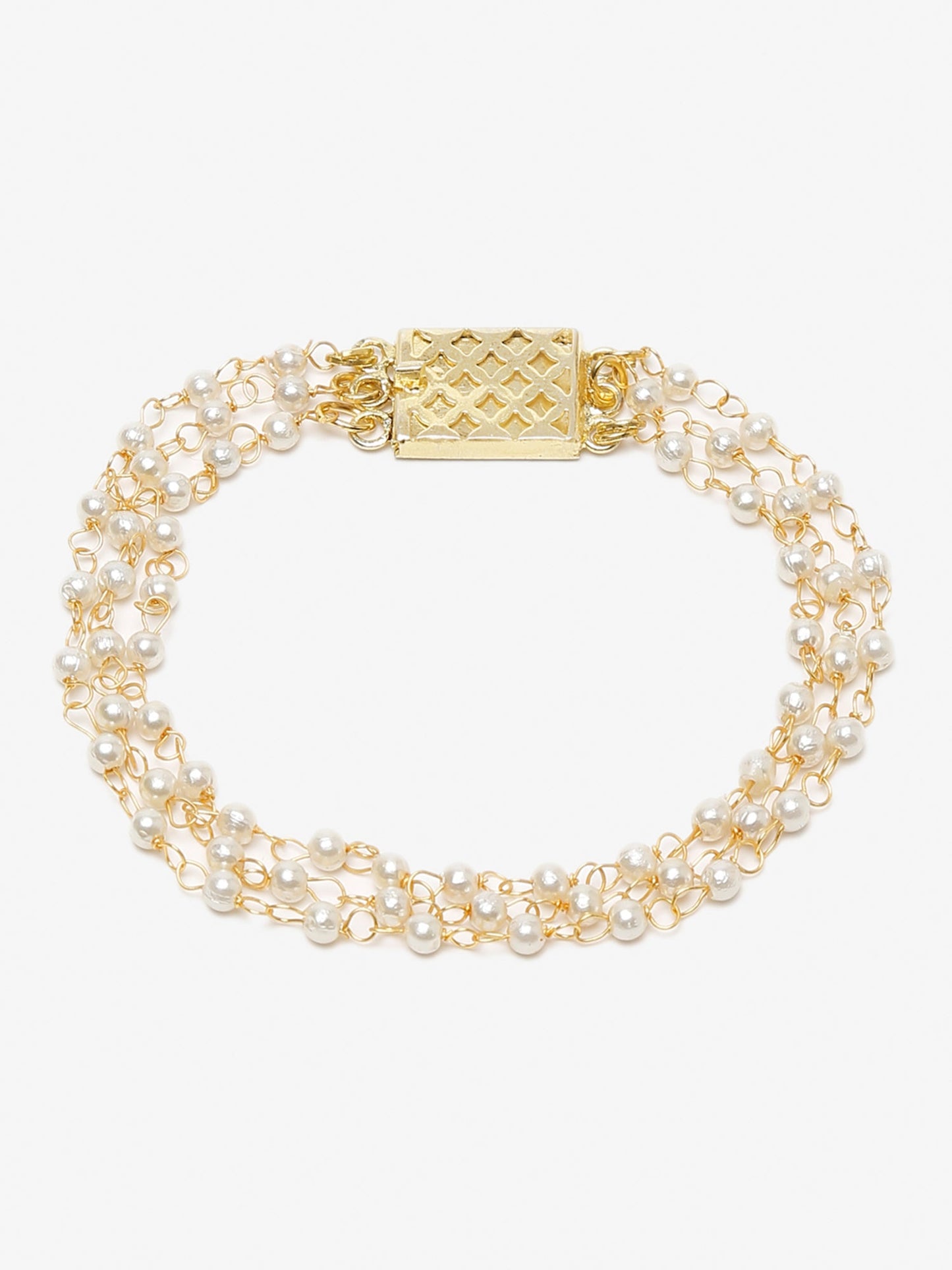 Women's Gold-Toned White Pearls Handcrafted Gold-Polished Multistrand Bracelet - Ruby Raang - Swadesiicart