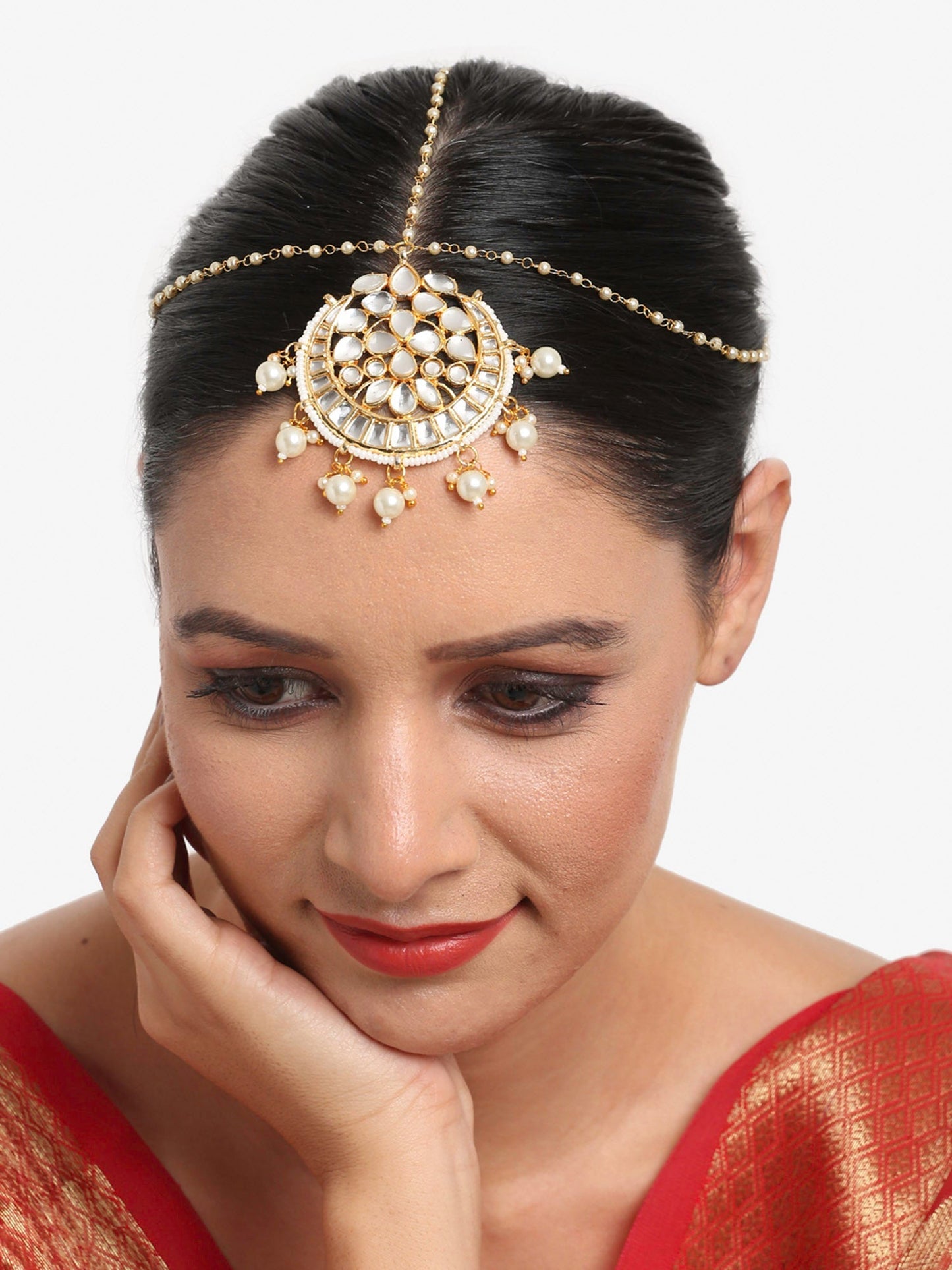 Gold-Polished White Kundan-Studded Pearl Beaded Handcrafted Maatha Patti - Ruby Raang | Swadesiicart