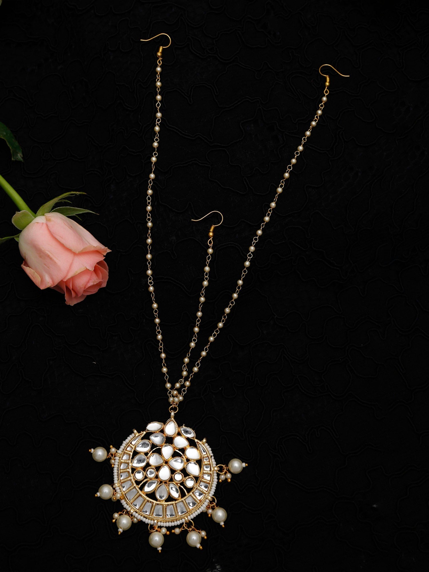 Gold-Polished White Kundan-Studded Pearl Beaded Handcrafted Maatha Patti - Ruby Raang | Swadesiicart