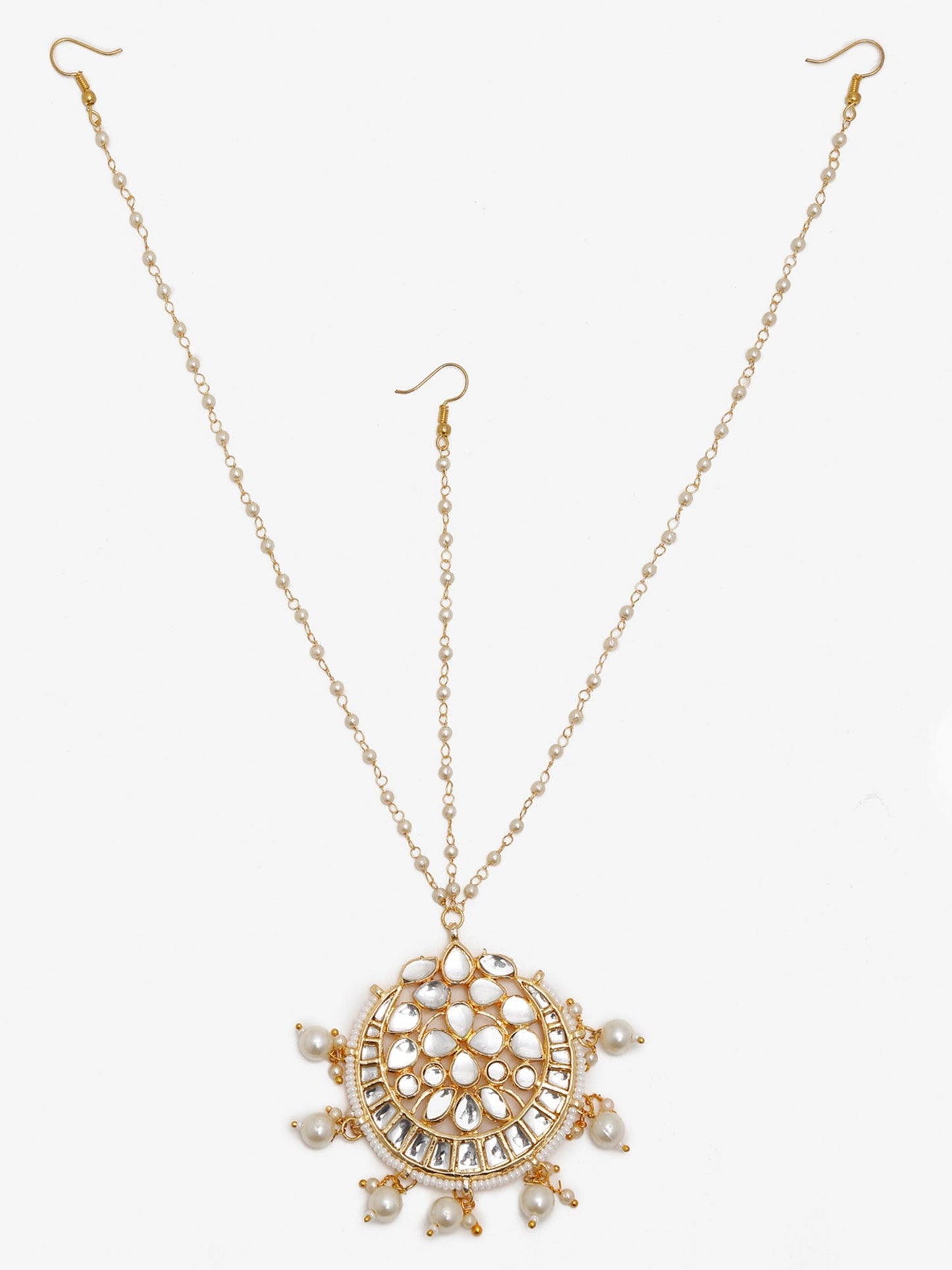 Gold-Polished White Kundan-Studded Pearl Beaded Handcrafted Maatha Patti - Ruby Raang | Swadesiicart