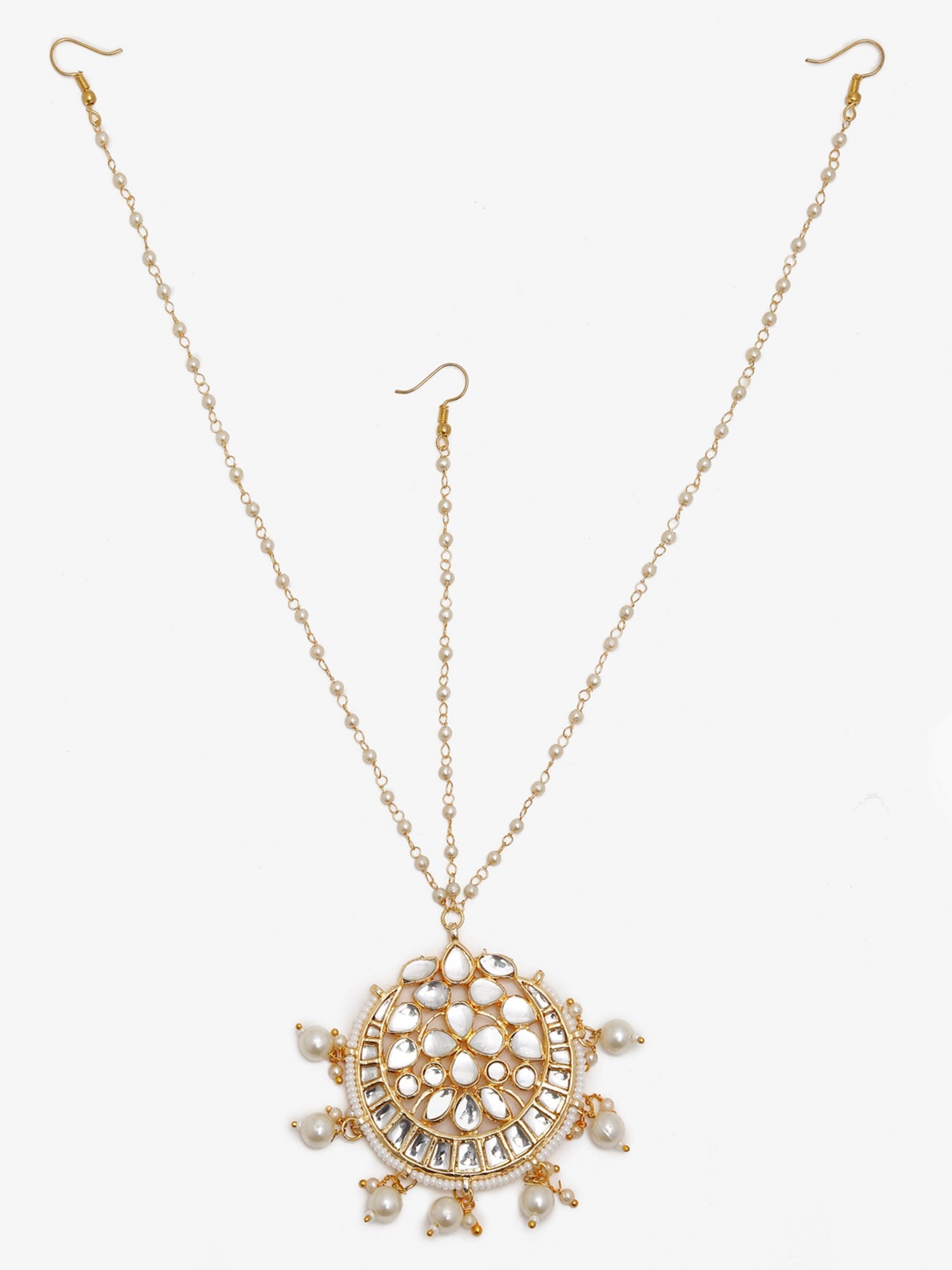 Gold-Polished White Kundan-Studded Pearl Beaded Handcrafted Maatha Patti - Ruby Raang | Swadesiicart