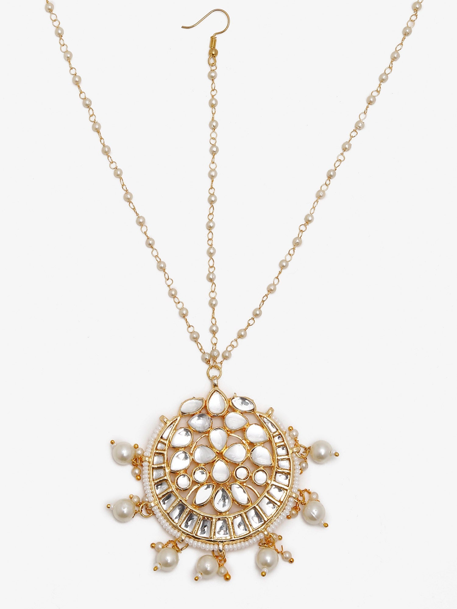 Gold-Polished White Kundan-Studded Pearl Beaded Handcrafted Maatha Patti - Ruby Raang | Swadesiicart