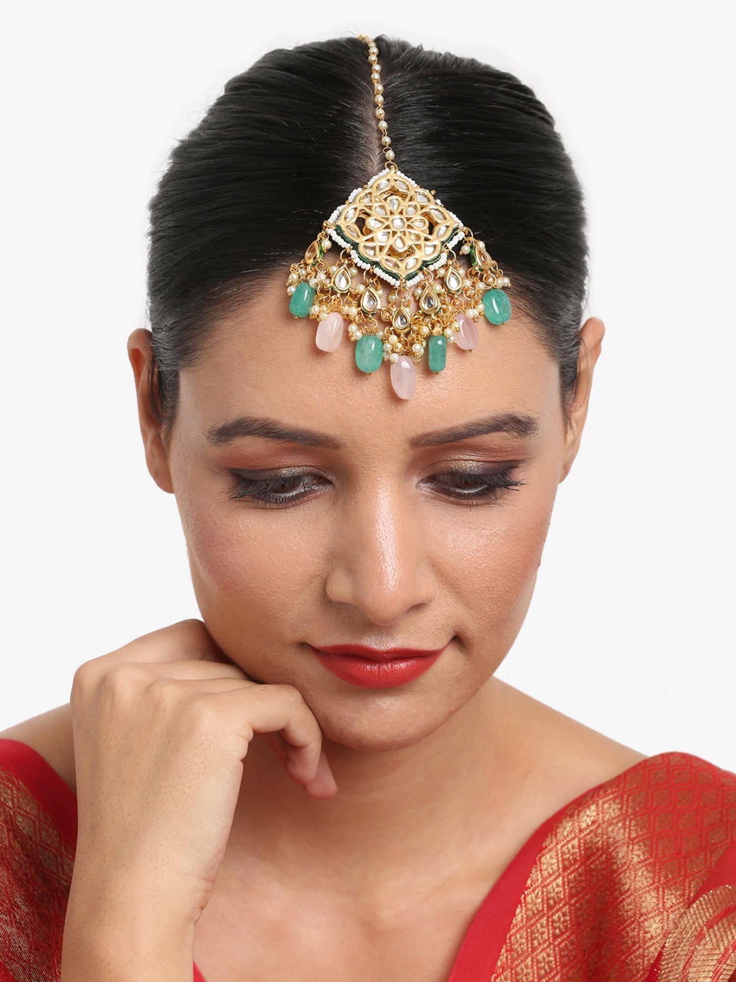 Multicoloured Gold-Polished Kundan Maang Tikka - Ruby Raang | Swadesiicart