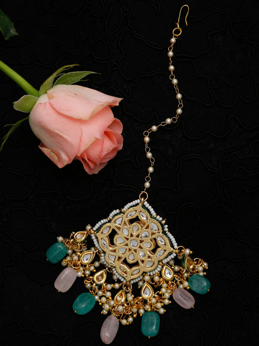 Multicoloured Gold-Polished Kundan Maang Tikka - Ruby Raang | Swadesiicart