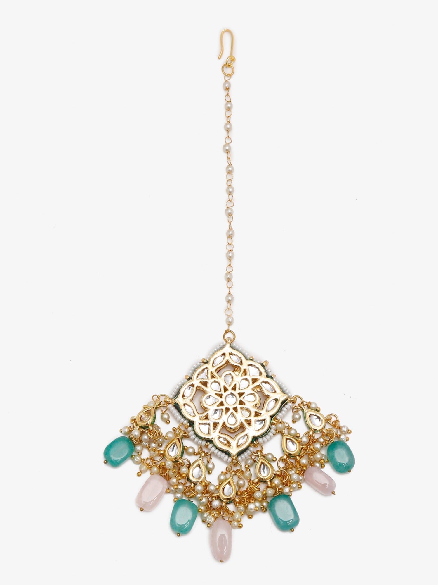 Multicoloured Gold-Polished Kundan Maang Tikka - Ruby Raang | Swadesiicart