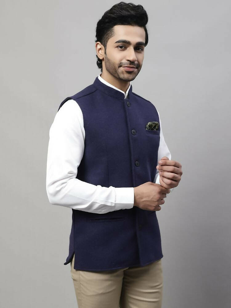 Even Apparels Pure Wool Nehru Jacket - Navy | Swadesiicart