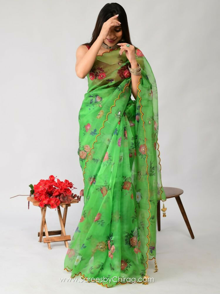 Vamsee Nakshatra Latakn Green Organza Saree - Swadesiicart