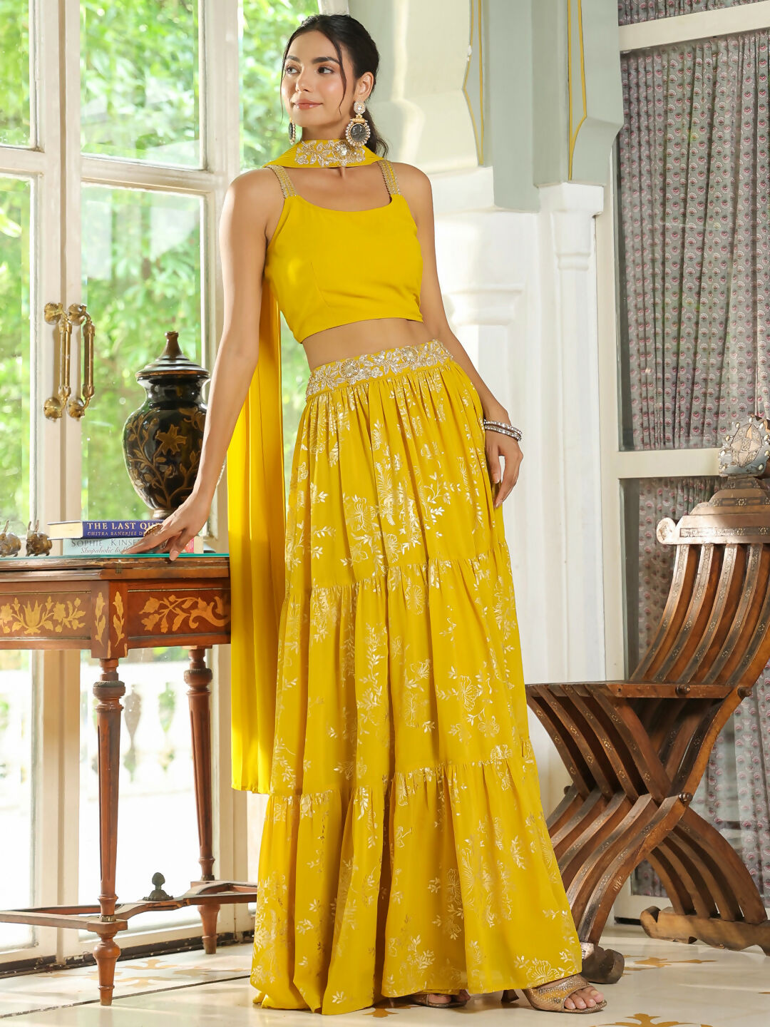 Janasya Yellow Georgette Solid Lehenga Choli Dupatta | Swadesiicart