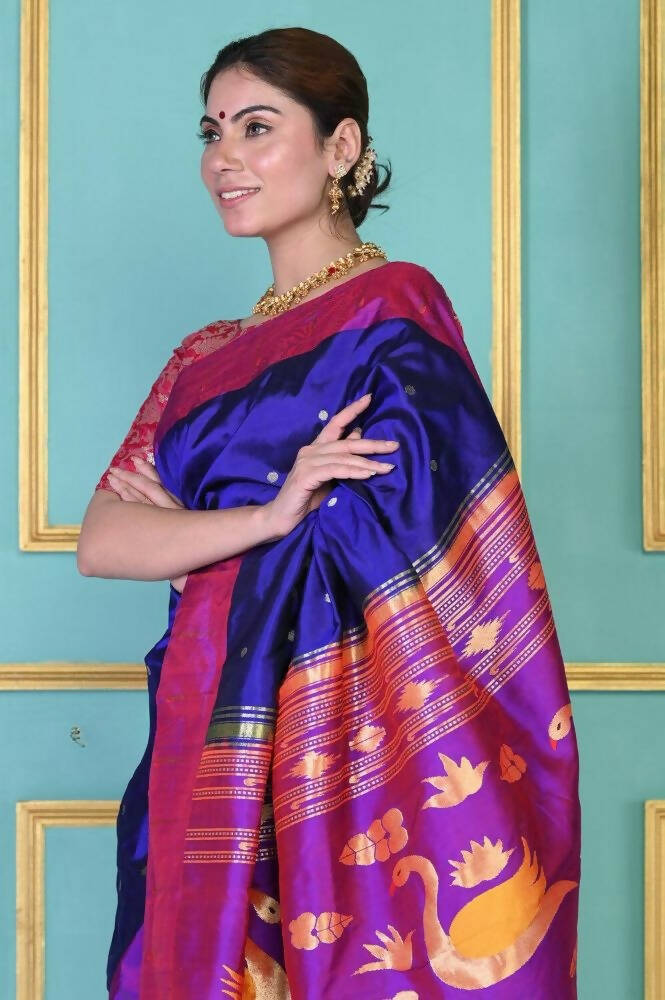 Very Much Indian Handloom Pure Silk Dark Violet Muniya Border Paithani | Swadesiicart