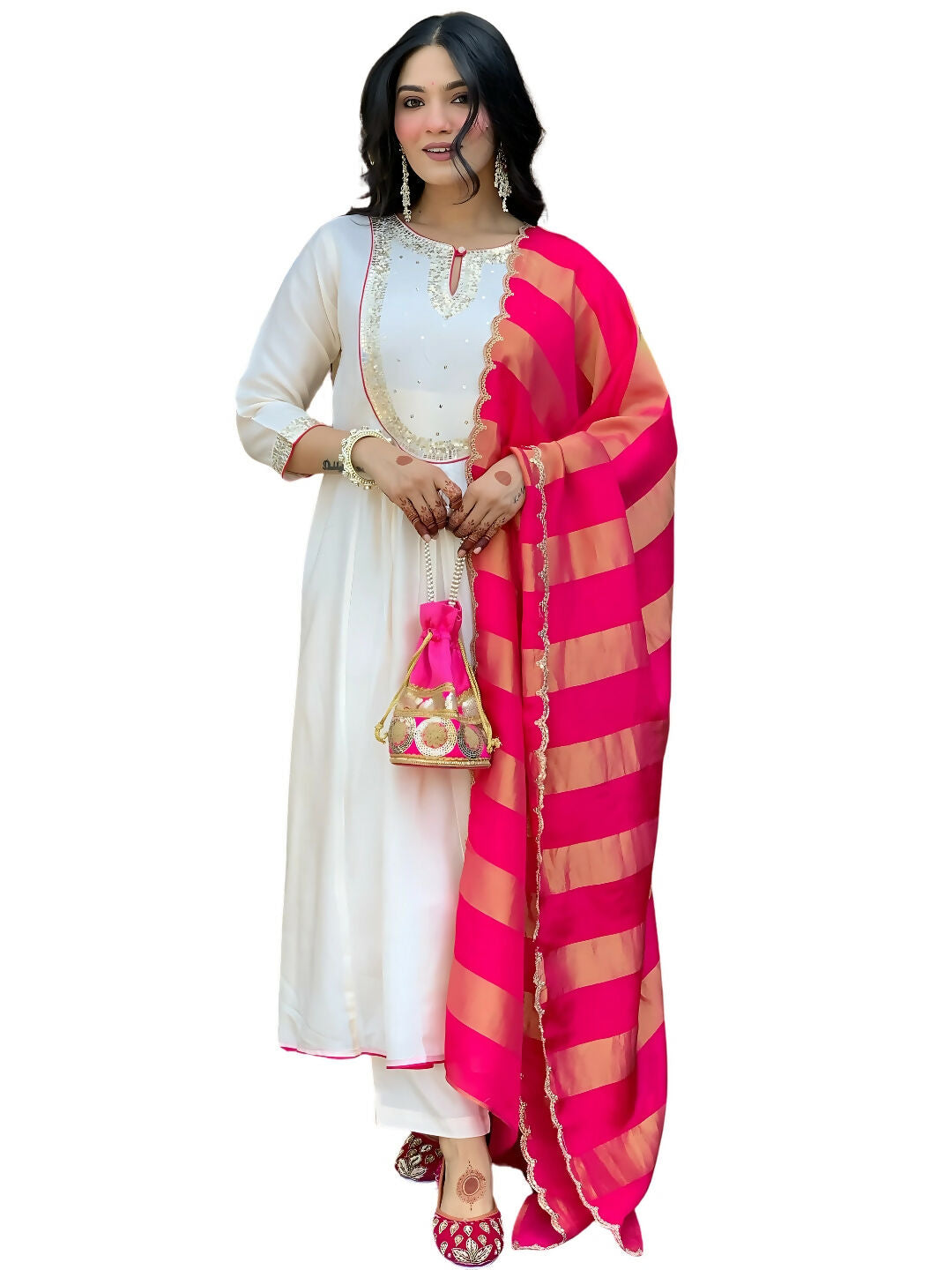 The52 White Women's Gorgeous Embroidered Work Chanderi Fabric Flared Kurta Pant and Dupatta Set - Swadesiicart