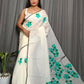Exclusive Collection Beautiful White Green Pure Cotton Hand Print Handloom Saree With Running Blouse Piece - Swadesiicart