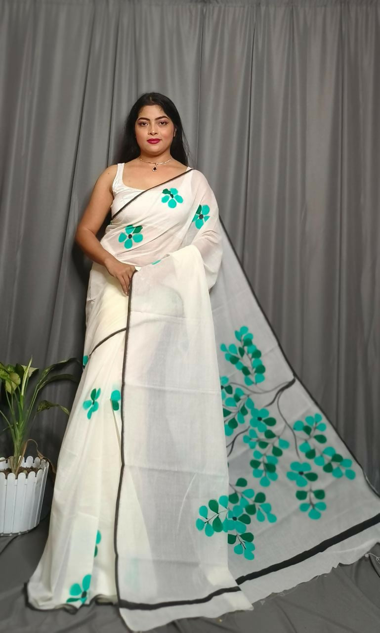 Exclusive Collection Beautiful White Green Pure Cotton Hand Print Handloom Saree With Running Blouse Piece - Swadesiicart