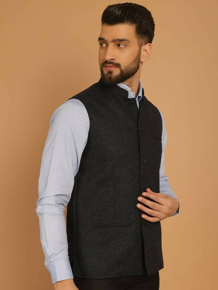 Even Apparels Pure Wool Nehru Jacket - Blue | Swadesiicart