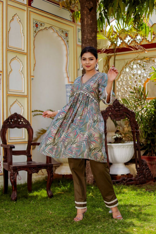 Vaasva Women Olive Green Muslin Floral Print Alia cut Kurta & Pant (Cord set) - Swadesiicart