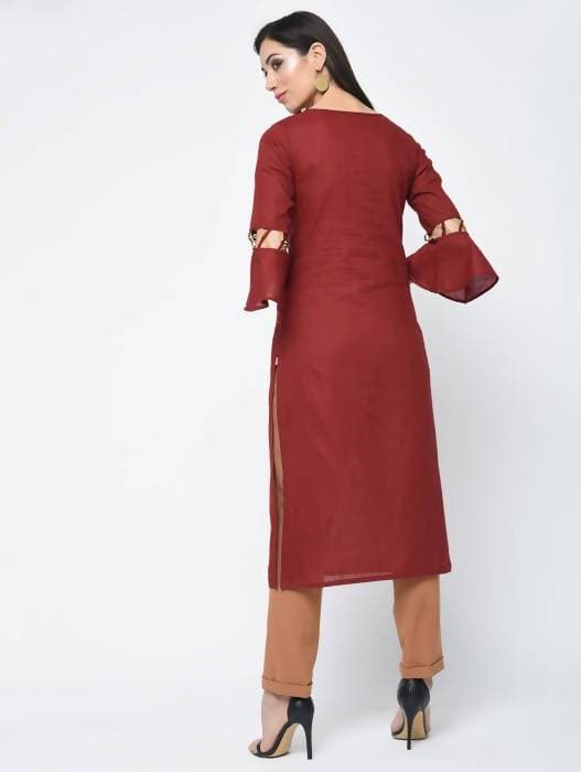Aniyah Cotton Criss Cross Bell Sleeves Straight Kurta In Maroon (AN-101B) - Swadesiicart