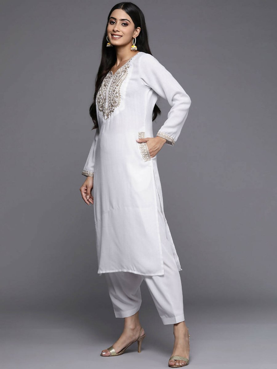 Ahalyaa Women White Ethnic Motifs Embroidered Aari Work Pashmina Kurta with Salwar & With Dupatta | Swadesiicart