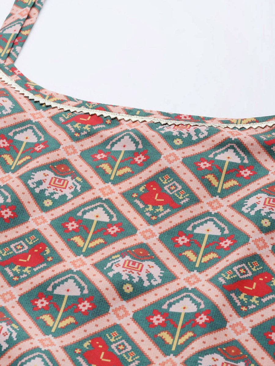Ahalyaa Women Green & Red Ethnic Motifs Print Kurti with Sharara & Dupatta | Swadesiicart