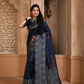 Vishnu Weaves Women's Navy Blue Handloom Raw Silk Woven Border Saree with Unstitched Blouse - Swadesiicart