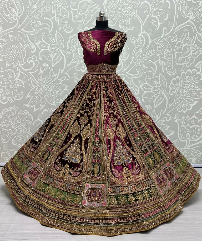 Jyoti Fashion Women's Purple Velvet Fancy Patch, Multi Thread Embroidered, Zircon Diamond, Sequins Work Wedding Lehenga Choli | Swadesiicart