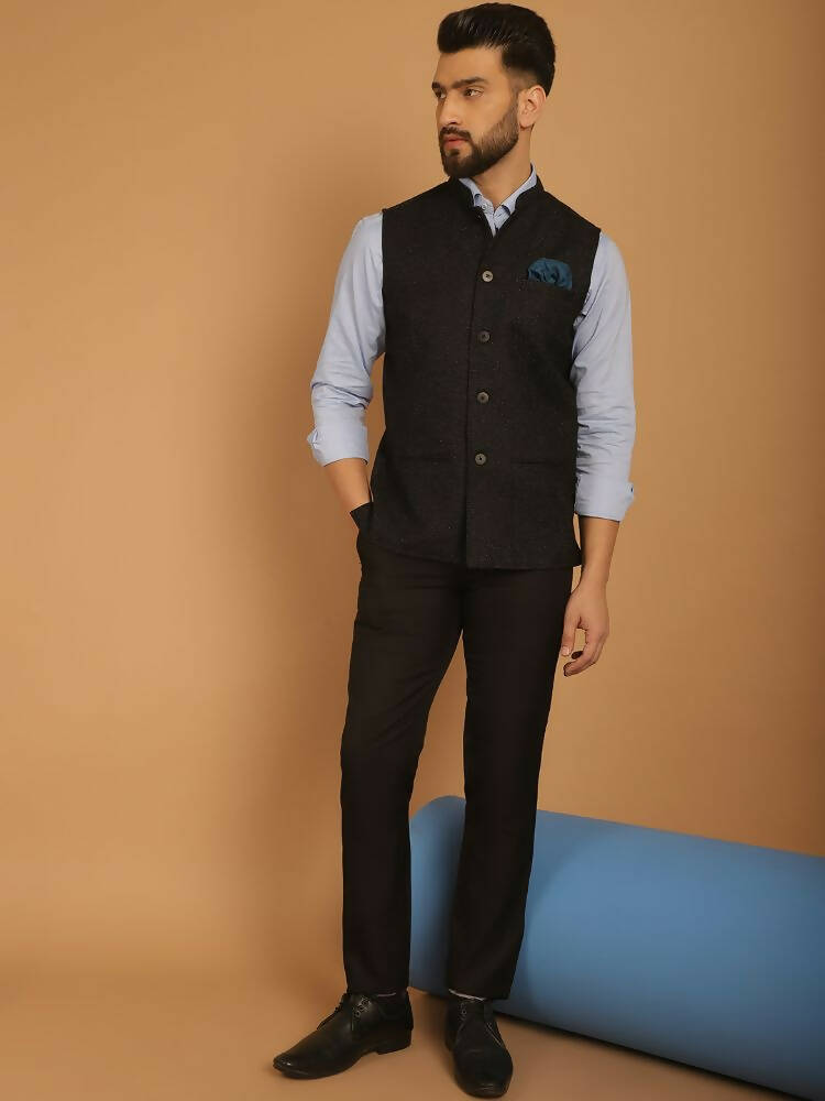 Even Apparels Pure Wool Nehru Jacket - Black | Swadesiicart
