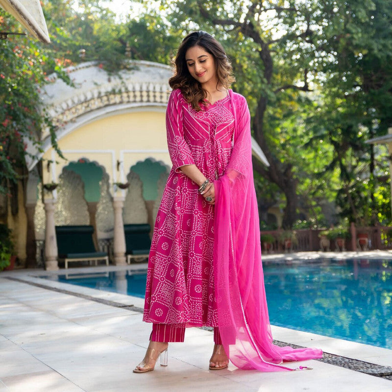 Indian Clothing Malishka Women's Pink Cotton Bandhani Kurta Pant Set With Dupatta - Pink - Swadesiicart