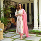 Indian Clothing Malishka Women's Pink Cotton Floral Printed Kurta Pant Set With Dupatta - White - Malishka
