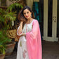 Indian Clothing Malishka Women's Pink Cotton Floral Printed Kurta Pant Set With Dupatta - White - Swadesiicart