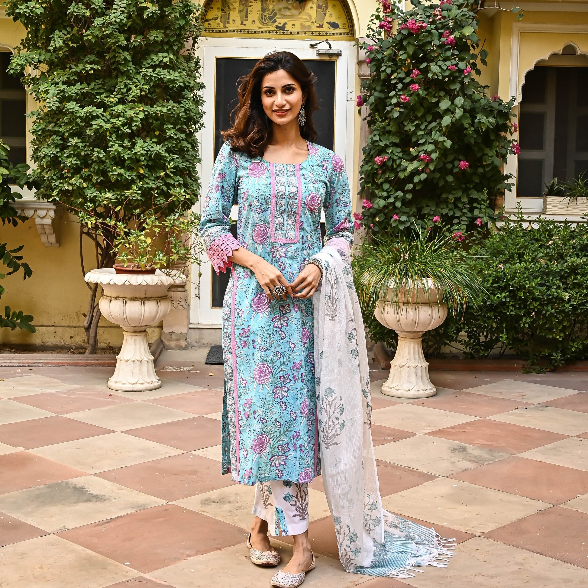Indian Clothing Malishka Women's Sky Blue Cotton Floral Printed Kurta Pant Set With Dupatta - Skyblue - Malishka