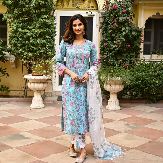 Indian Clothing Malishka Women's Sky Blue Cotton Floral Printed Kurta Pant Set With Dupatta - Skyblue - Malishka