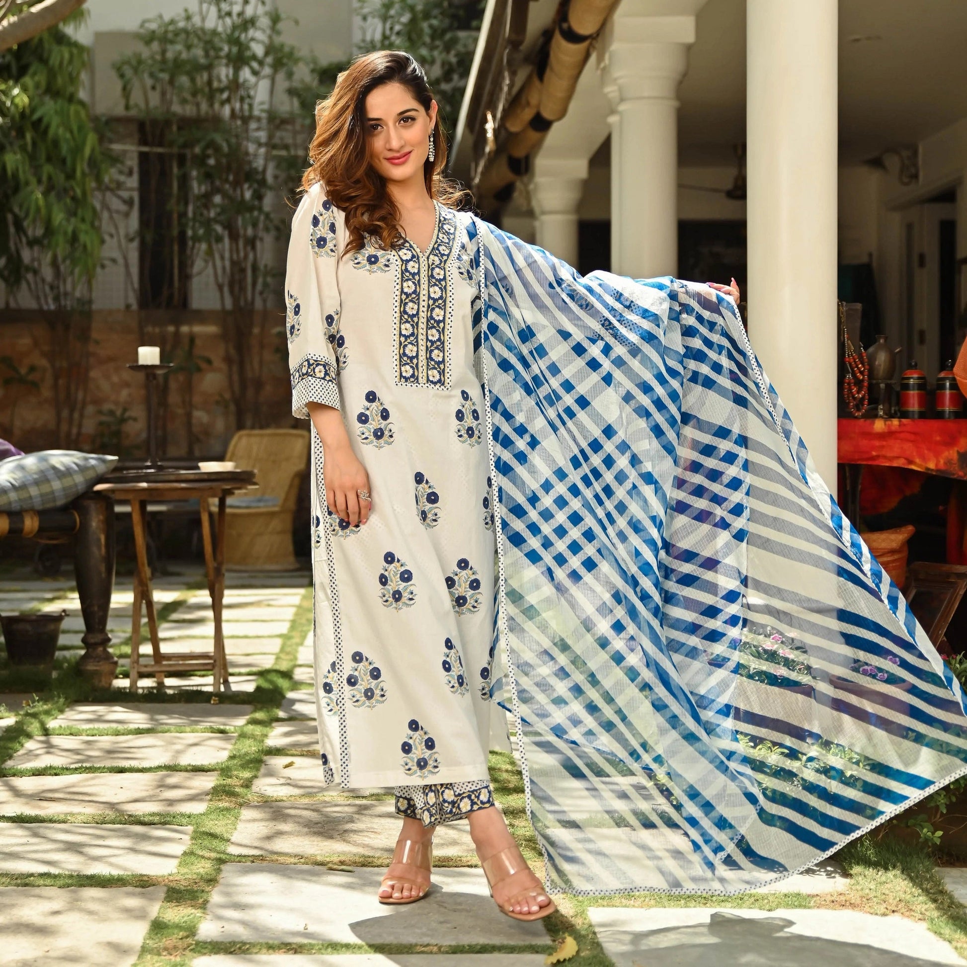 Indian Clothing Malishka Women's White Cotton Floral Printed Kurta Pant Set With Dupatta - White & Blue - Swadesiicart