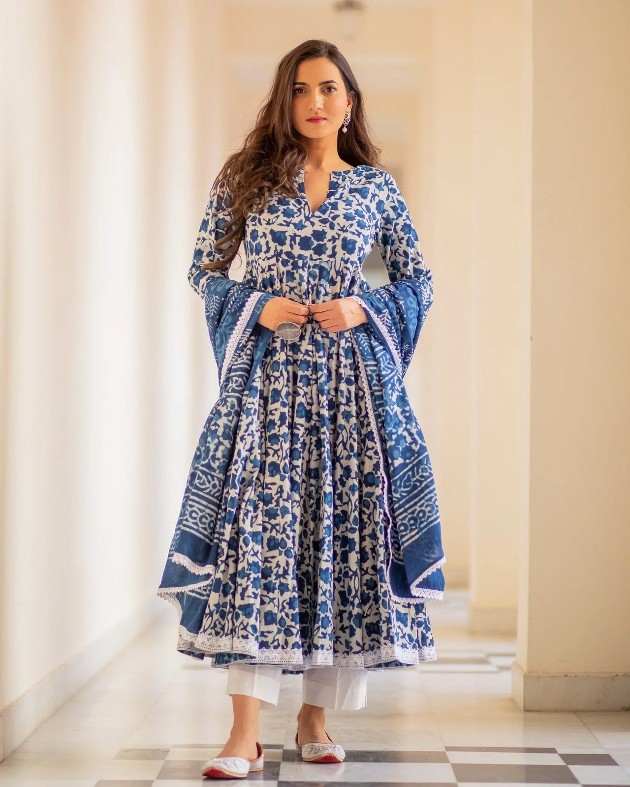 Indian Clothing Malishka Women's Blue Cotton Flared Floral Printed Salwar Suit Set - Blue - Swadesiicart