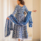 Indian Clothing Malishka Women's Blue Cotton Flared Floral Printed Salwar Suit Set - Blue - Swadesiicart