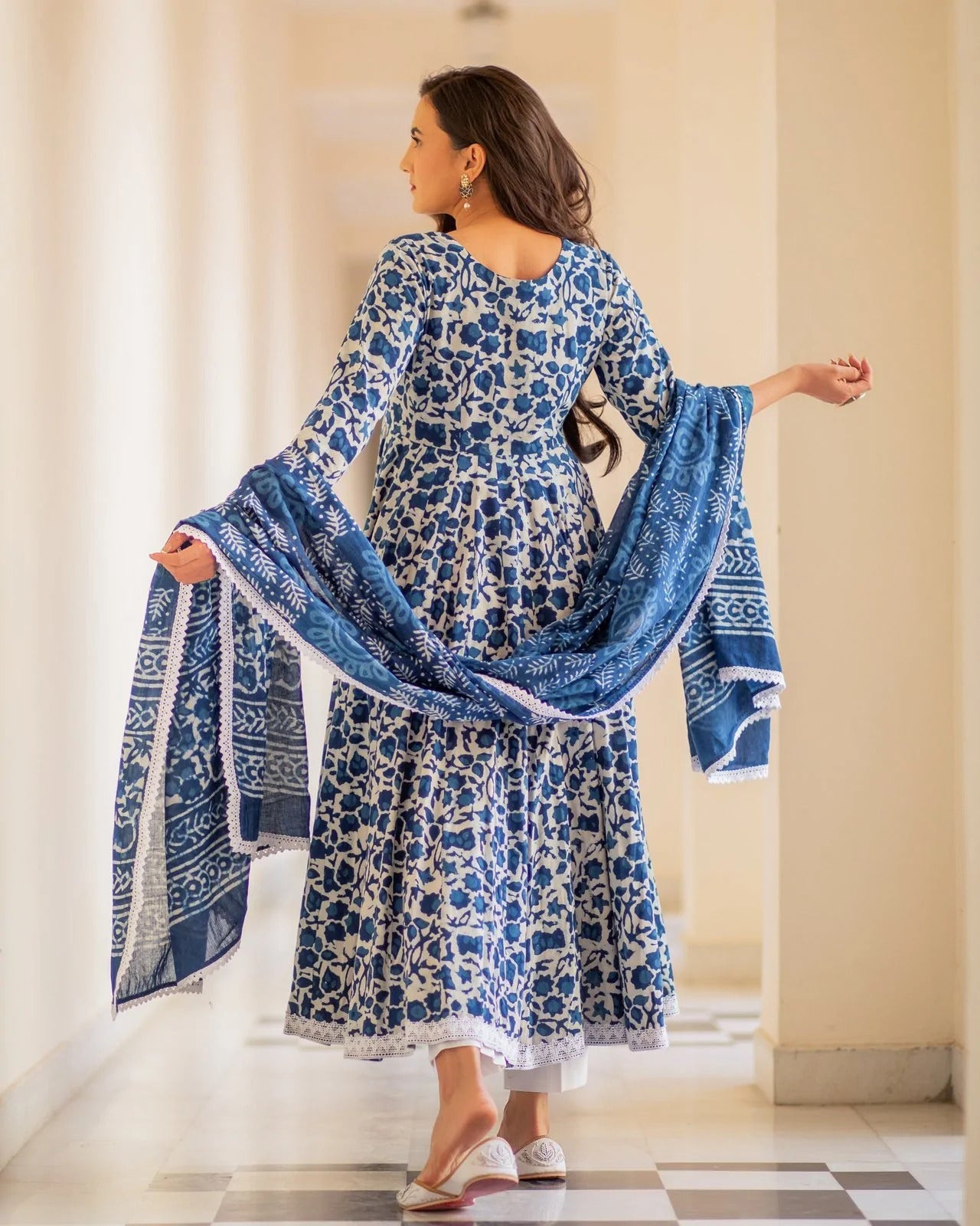 Indian Clothing Malishka Women's Blue Cotton Flared Floral Printed Salwar Suit Set - Blue - Swadesiicart