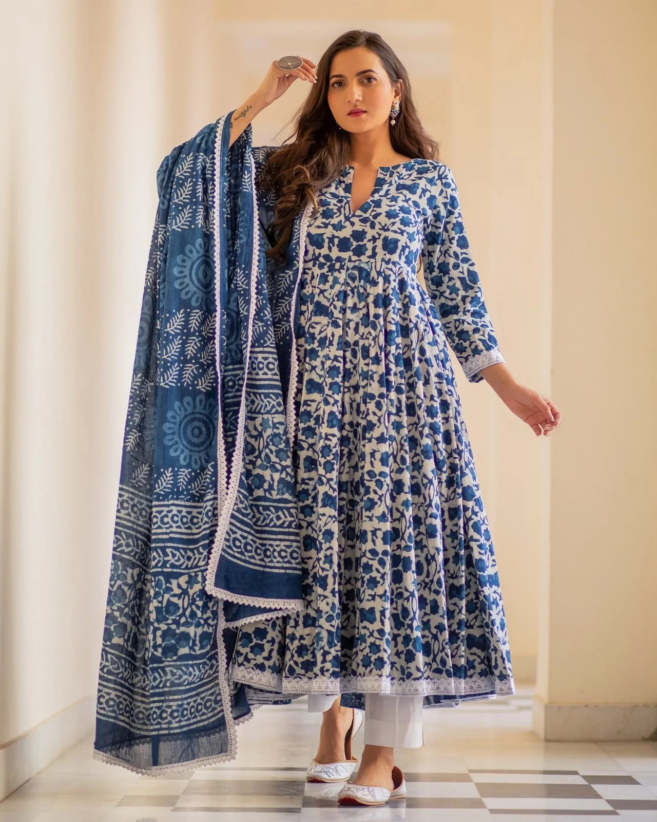 Indian Clothing Malishka Women's Blue Cotton Flared Floral Printed Salwar Suit Set - Blue - Swadesiicart