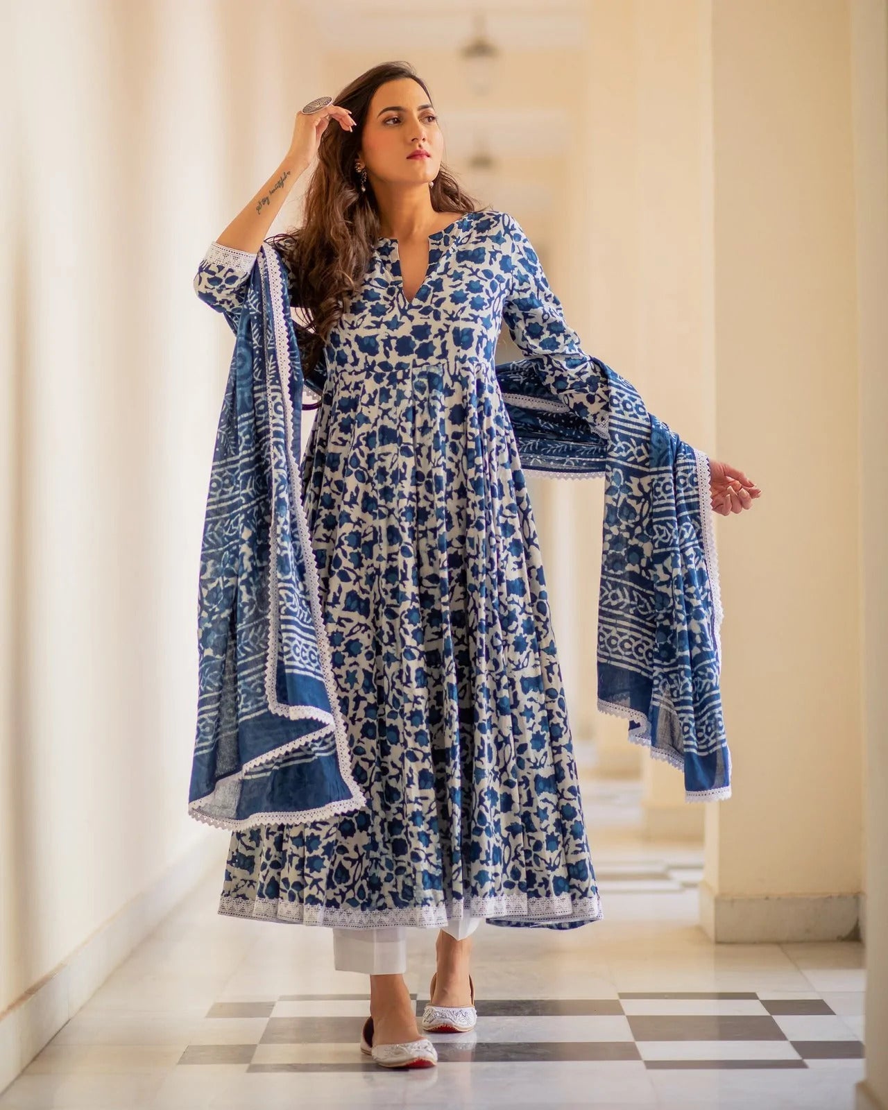 Indian Clothing Malishka Women's Blue Cotton Flared Floral Printed Salwar Suit Set - Blue - Swadesiicart