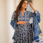 Indian Clothing Malishka Women's Blue Cotton Flared Floral Printed Salwar Suit Set - Blue - Swadesiicart