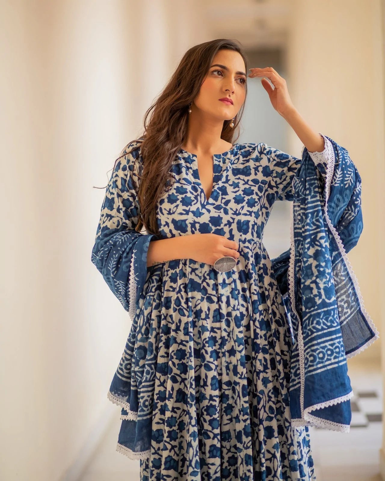 Indian Clothing Malishka Women's Blue Cotton Flared Floral Printed Salwar Suit Set - Blue - Swadesiicart