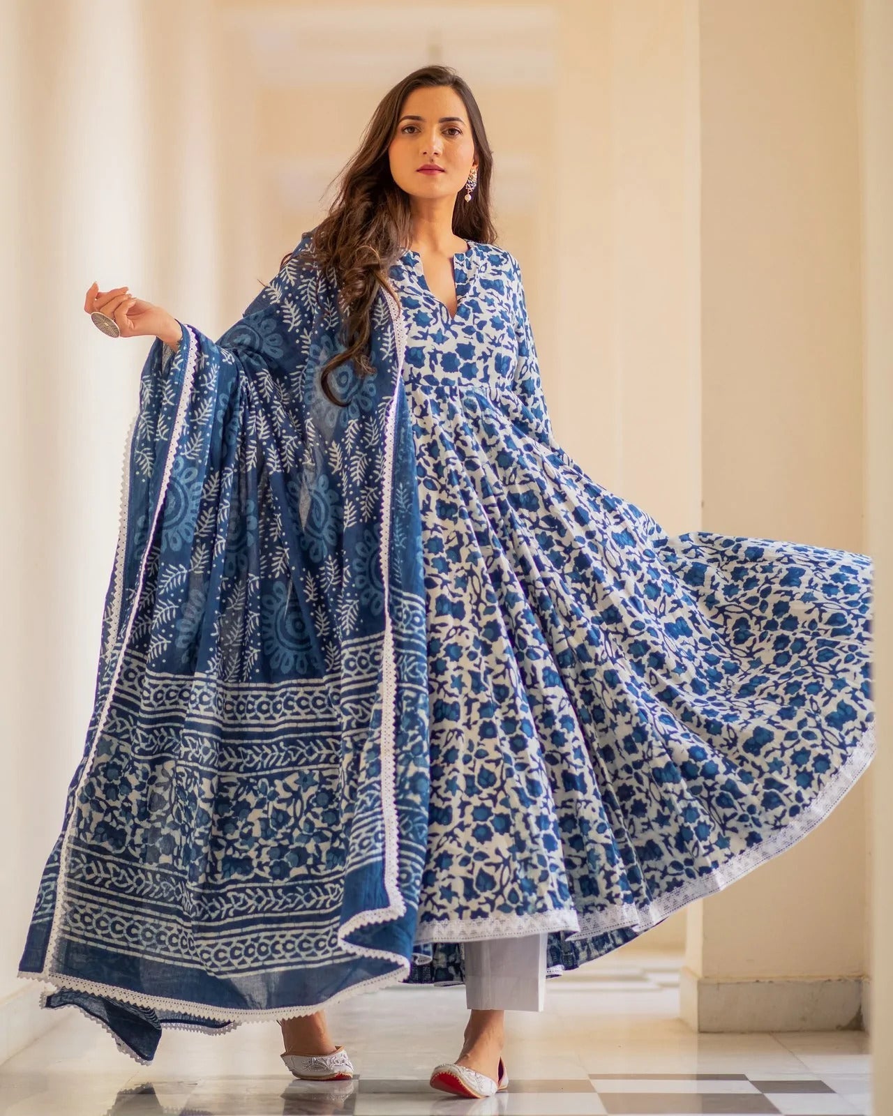 Indian Clothing Malishka Women's Blue Cotton Flared Floral Printed Salwar Suit Set - Blue - Swadesiicart