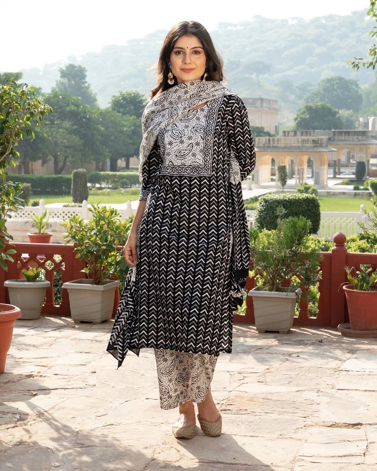 Indian Clothing Malishka Womens Black Cotton Printed Kurta and Pant Set with Dupatta - Black - Malishka