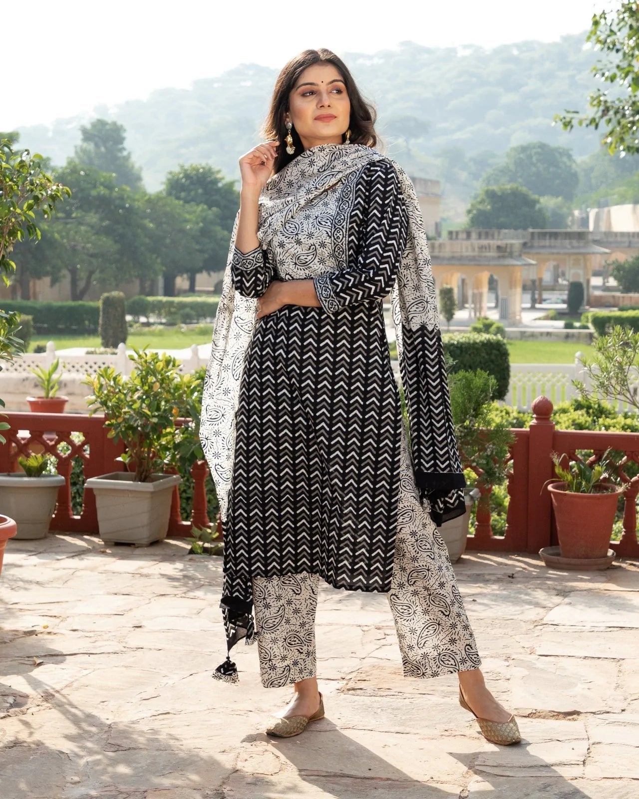 Indian Clothing Malishka Womens Black Cotton Printed Kurta and Pant Set with Dupatta - Black - Swadesiicart