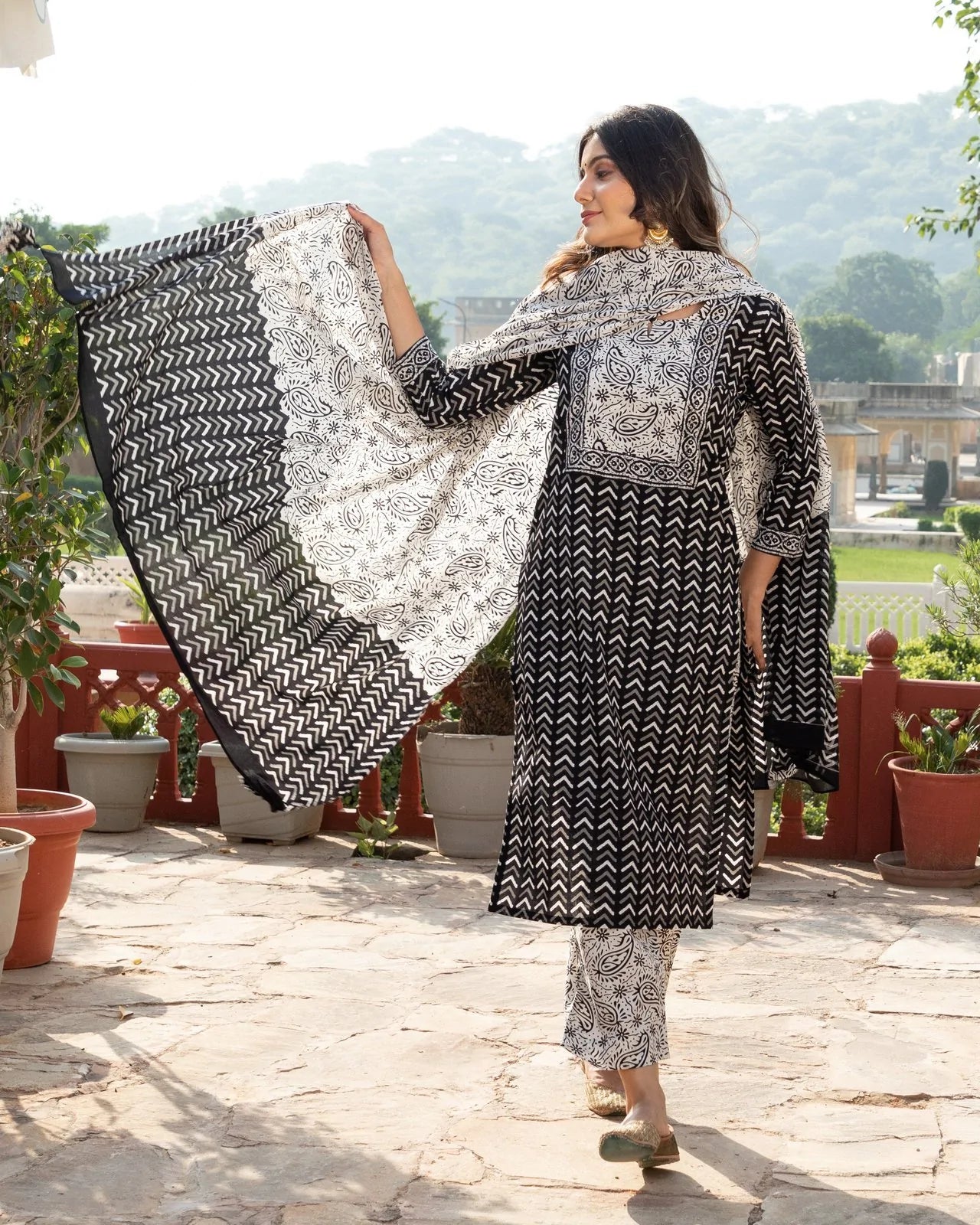Indian Clothing Malishka Womens Black Cotton Printed Kurta and Pant Set with Dupatta - Black - Swadesiicart