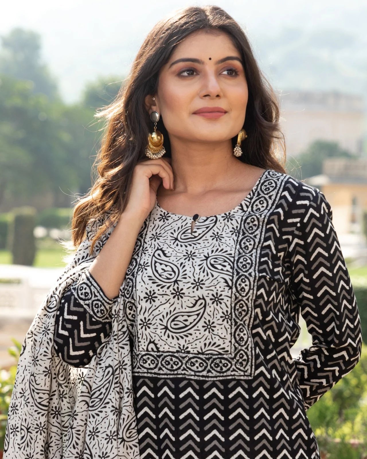 Indian Clothing Malishka Womens Black Cotton Printed Kurta and Pant Set with Dupatta - Black - Swadesiicart