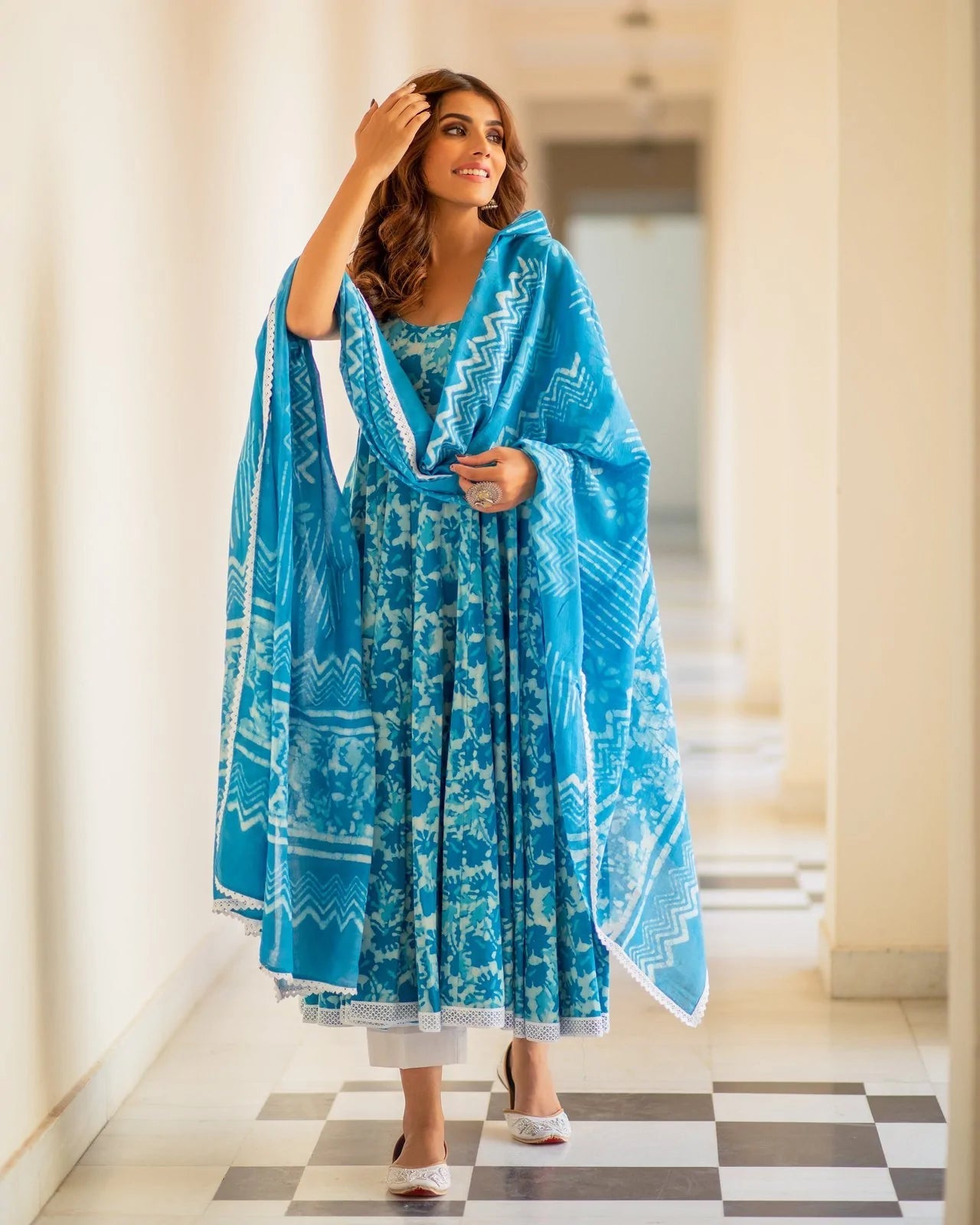 Indian Clothing Malishka Womens Sky Blue Abstract Printed Cotton Kurta and Pant Set with Dupatta - Sky Blue - Swadesiicart