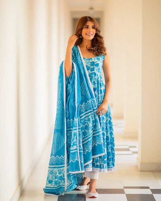 Indian Clothing Malishka Womens Sky Blue Abstract Printed Cotton Kurta and Pant Set with Dupatta - Sky Blue - Malishka