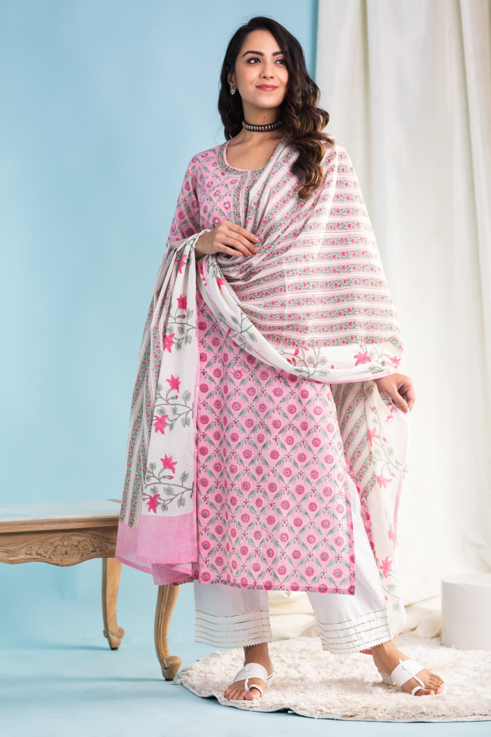Indian Clothing Malishka Womens Cotton Blend Kurta Pant Set With Dupatta - Pink - Swadesiicart