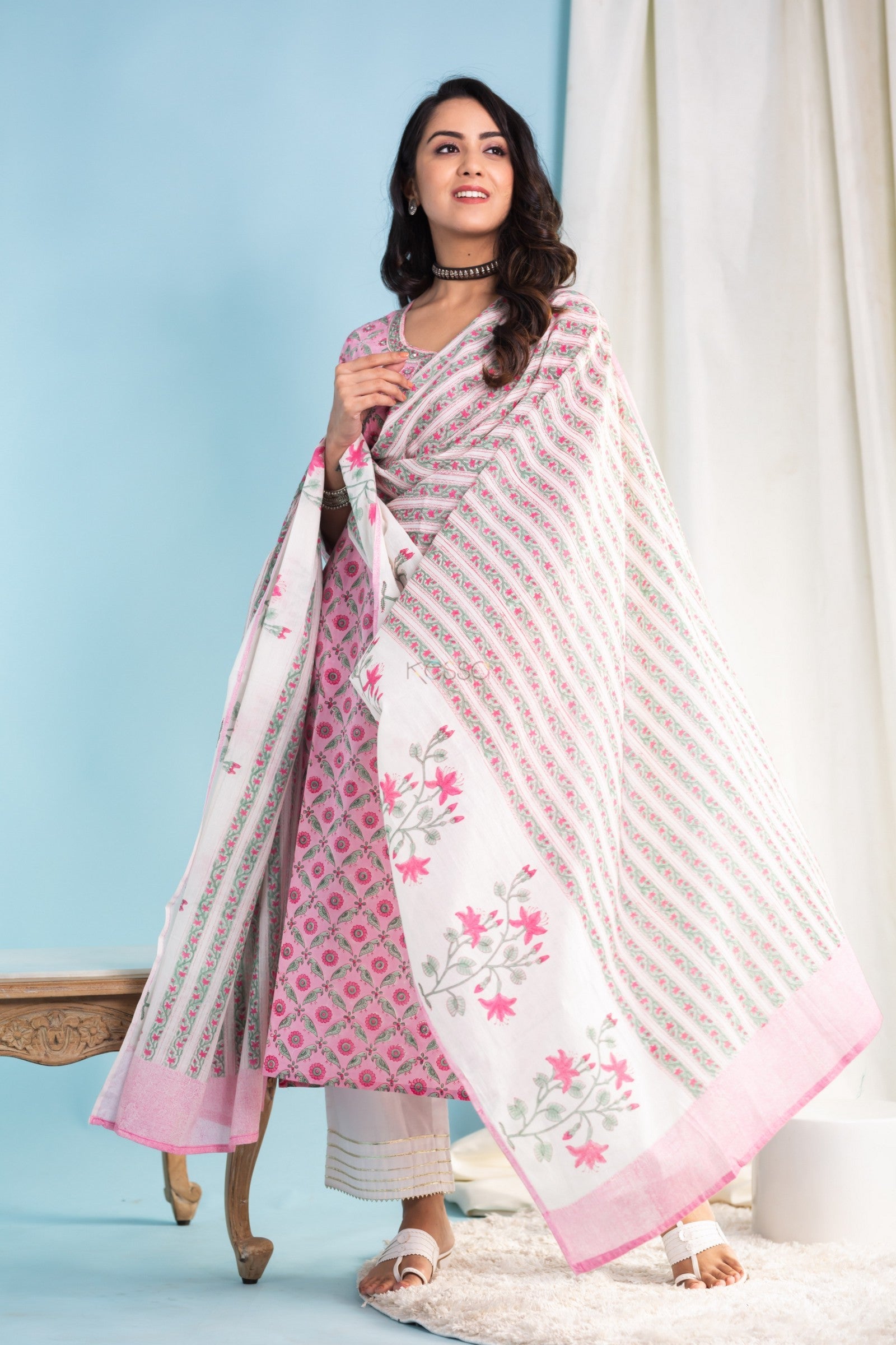 Indian Clothing Malishka Womens Cotton Blend Kurta Pant Set With Dupatta - Pink - Swadesiicart