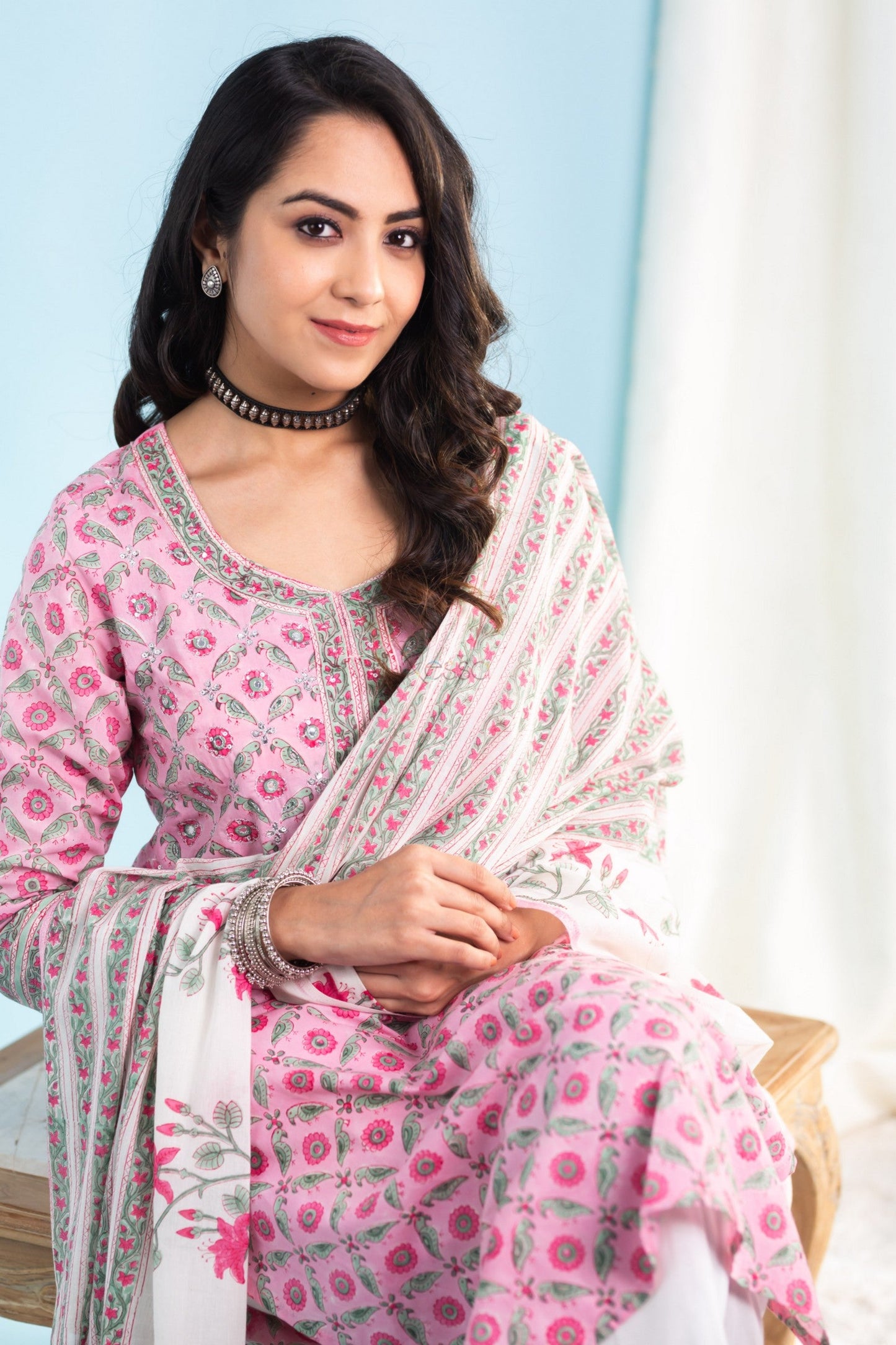Indian Clothing Malishka Womens Cotton Blend Kurta Pant Set With Dupatta - Pink - Swadesiicart