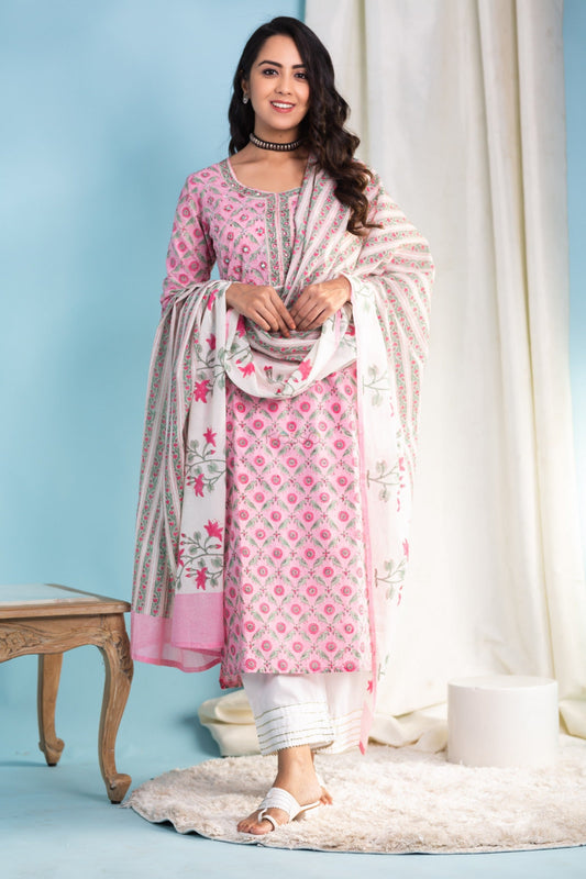 Indian Clothing Malishka Womens Cotton Blend Kurta Pant Set With Dupatta - Pink - Malishka
